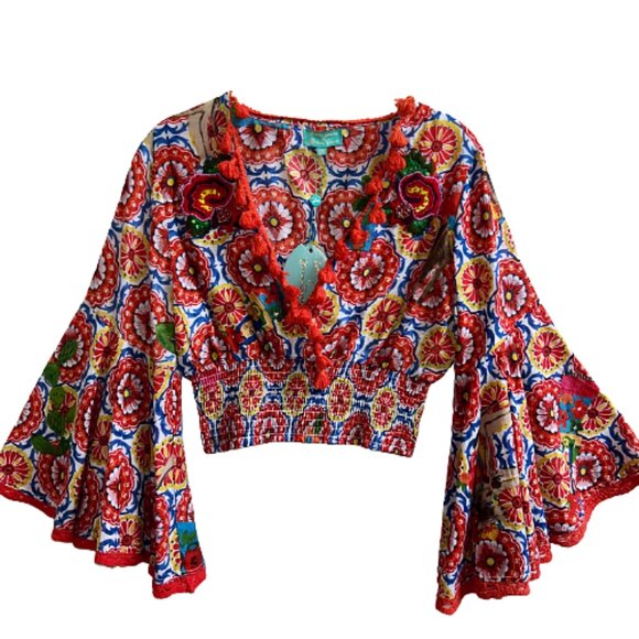 NWT Antica Sartoria Embroidered Tassel Crop Top Multicolor Boho One Size - Picture 1 of 10